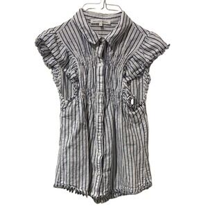 Melissa Nepton Bini Blue White Striped Linen Blend Smocked Ruffle Top Small BINI